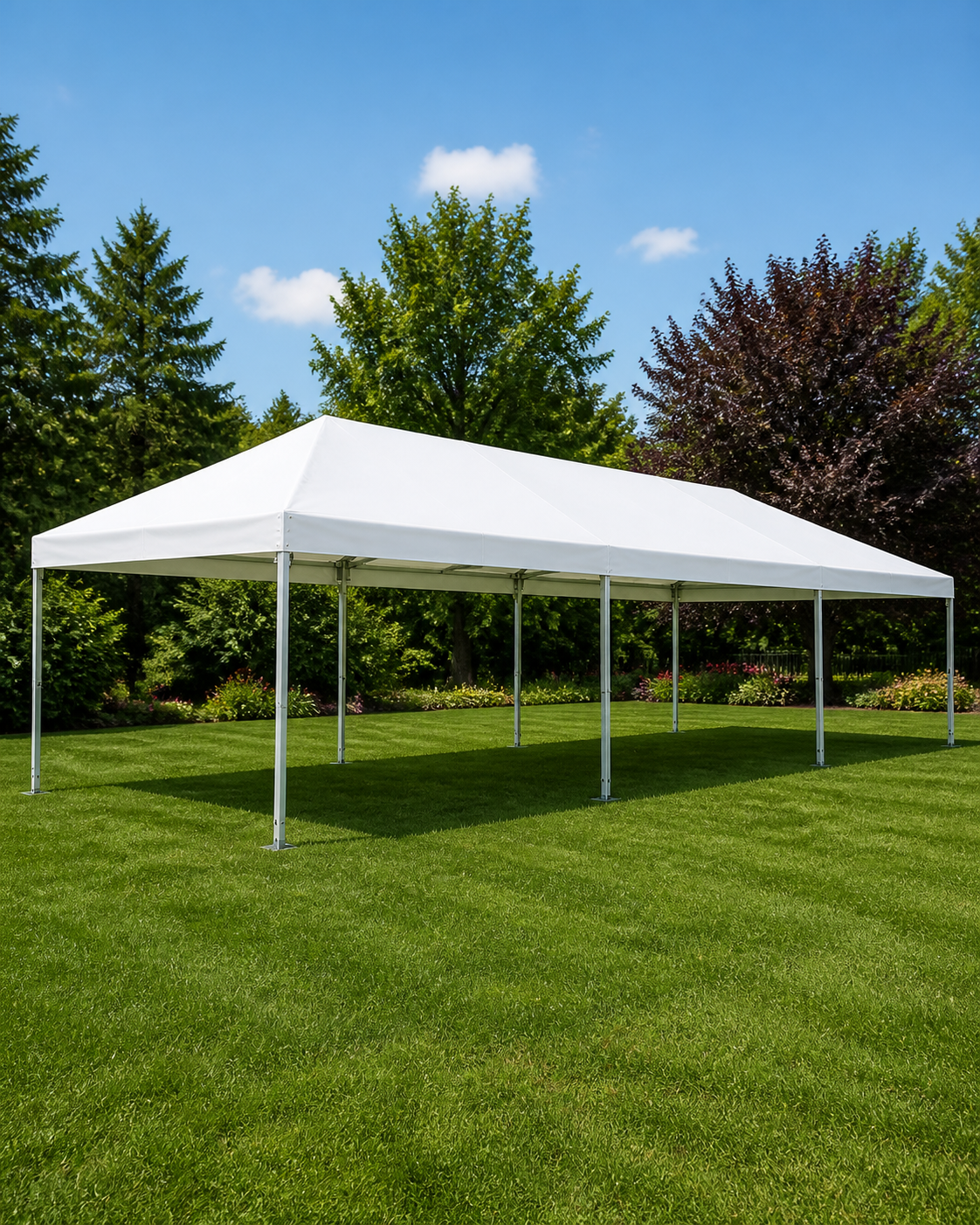 Carpa básica blanca de 20 por 30 pies sobre césped