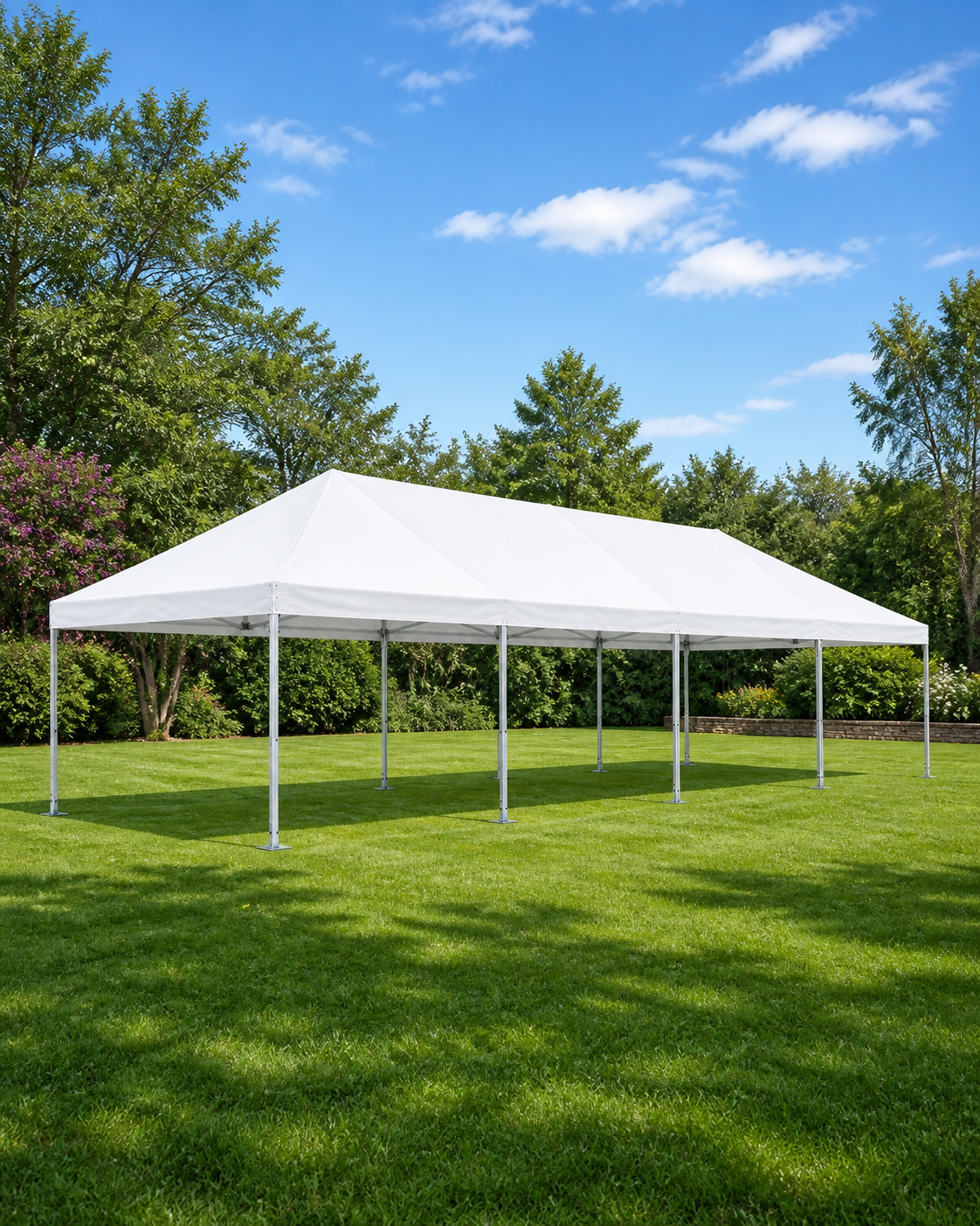 Carpa básica blanca de 20 por 40 pies sobre césped