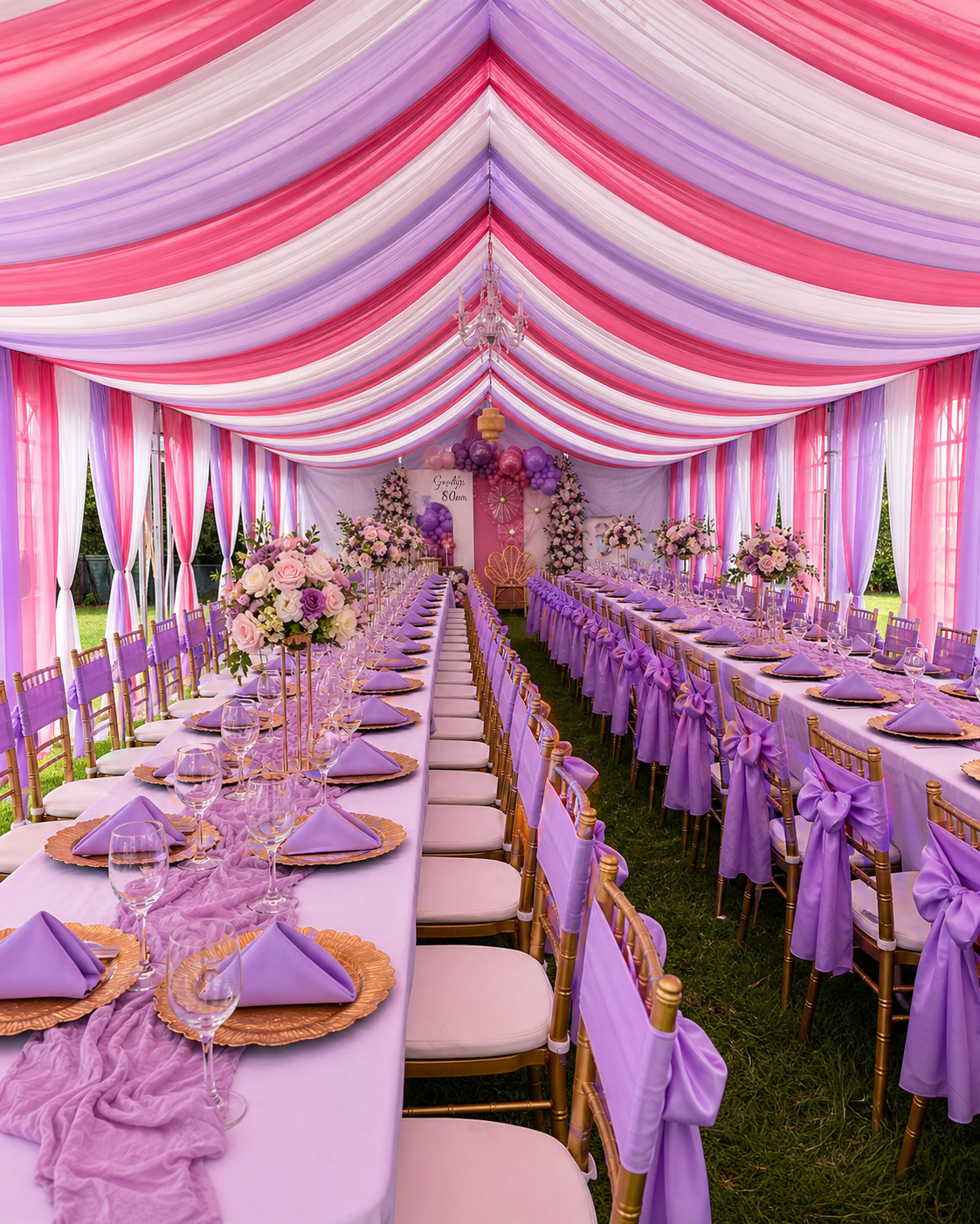 Interior de carpa 20 por 40 con drapeado rosa, lila y blanco