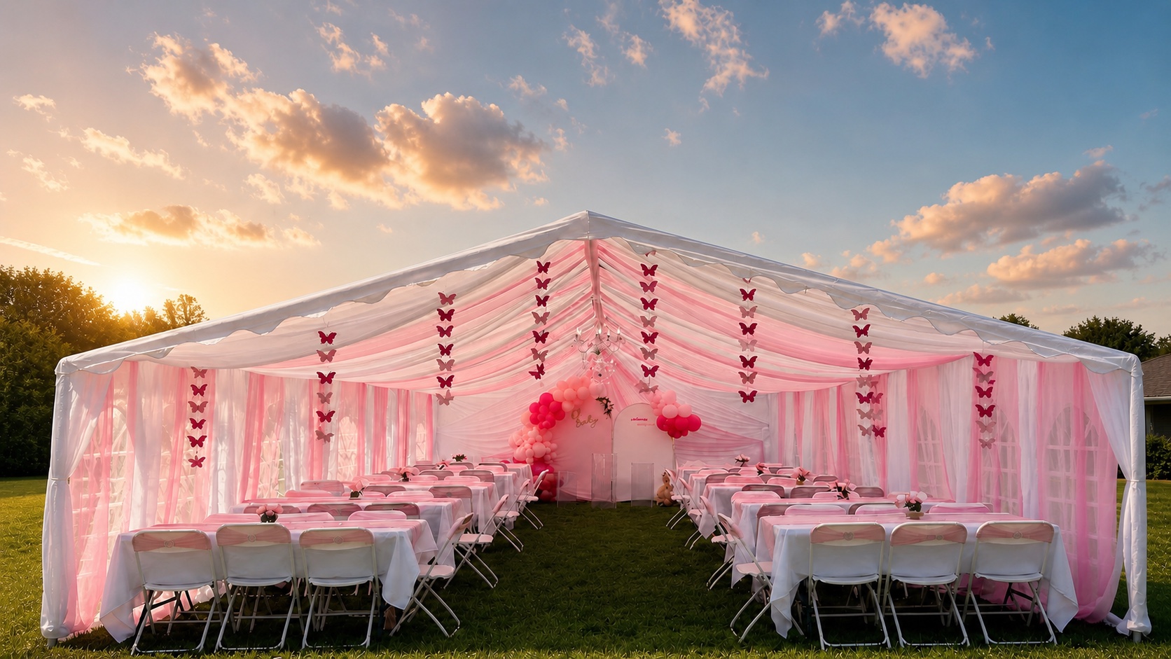 Carpa elegante con drapeado rosa durante el atardecer